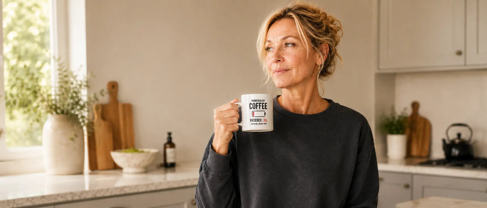 Woman holding Powered By Coffee mug for Not In The Mood tired women mums gifts