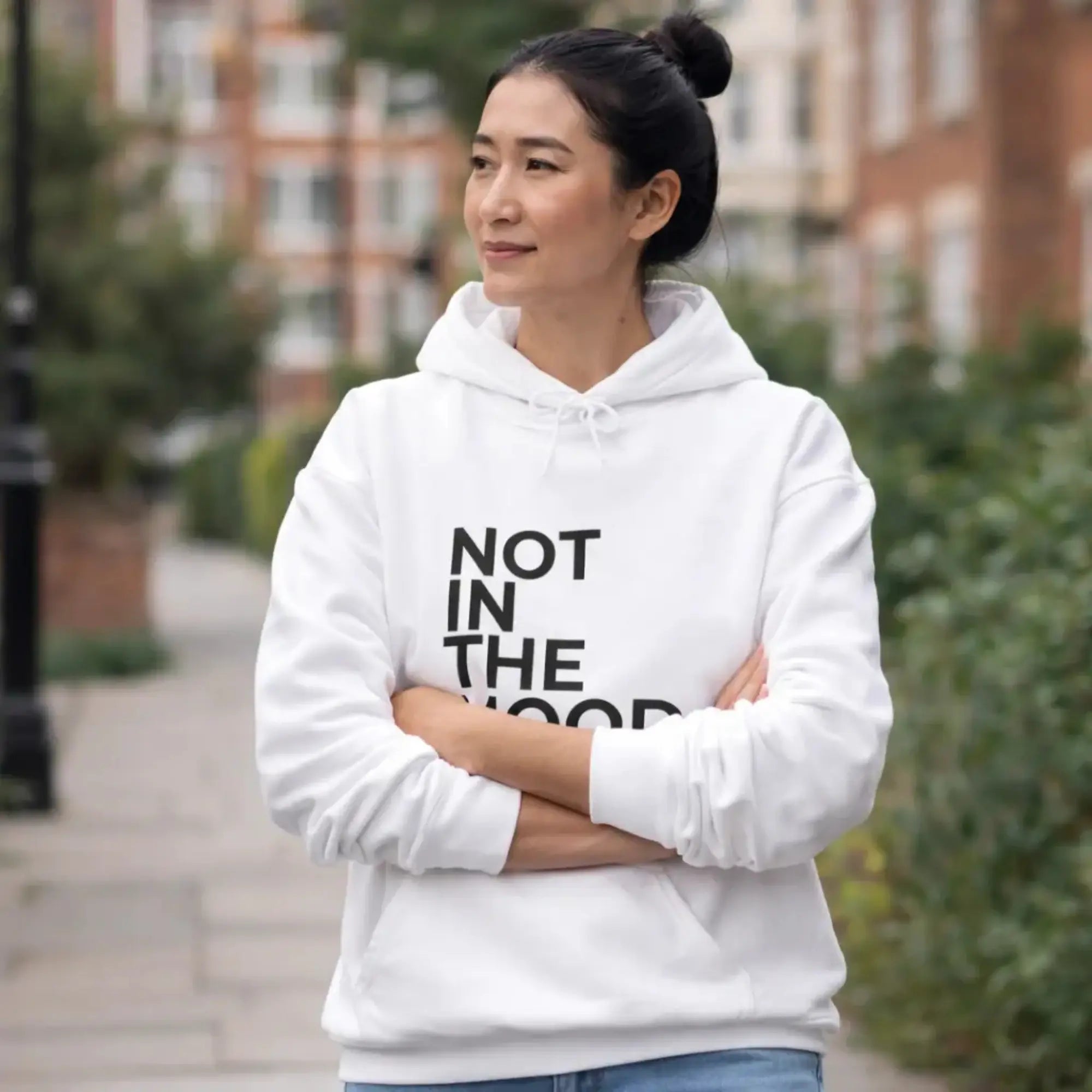 white not in the mood slogan hoodie outfit uk women lifestyle