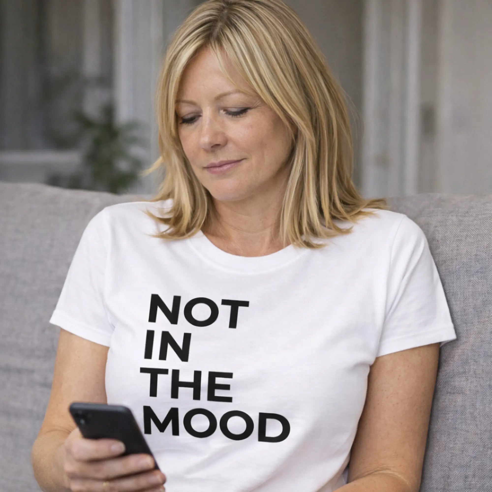 Not in the mood t shirt UK white women’s slogan tee close up of design