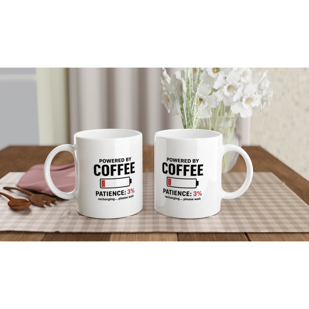 Powered By Coffee low battery mug printed on both sides