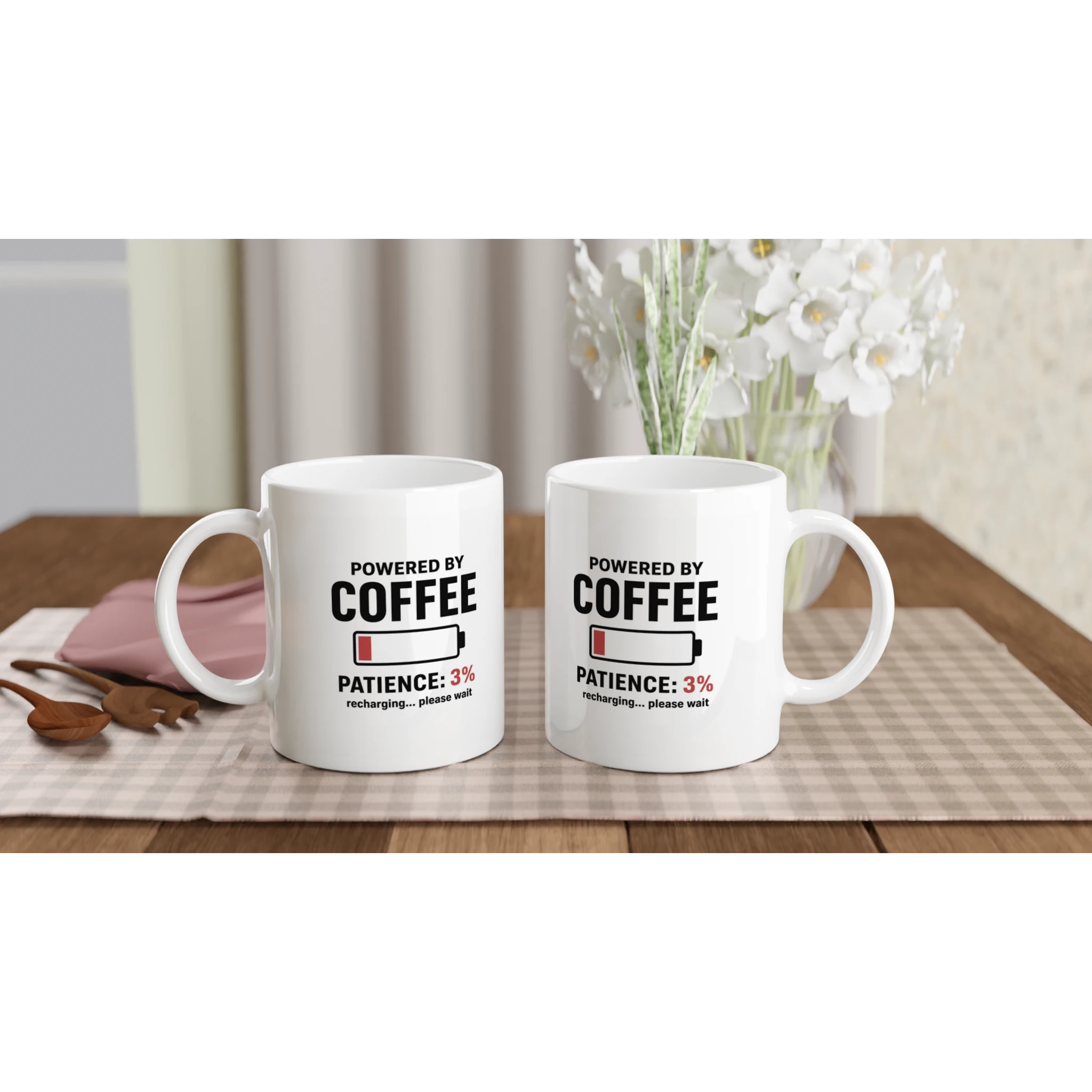 Powered By Coffee low battery mug printed on both sides