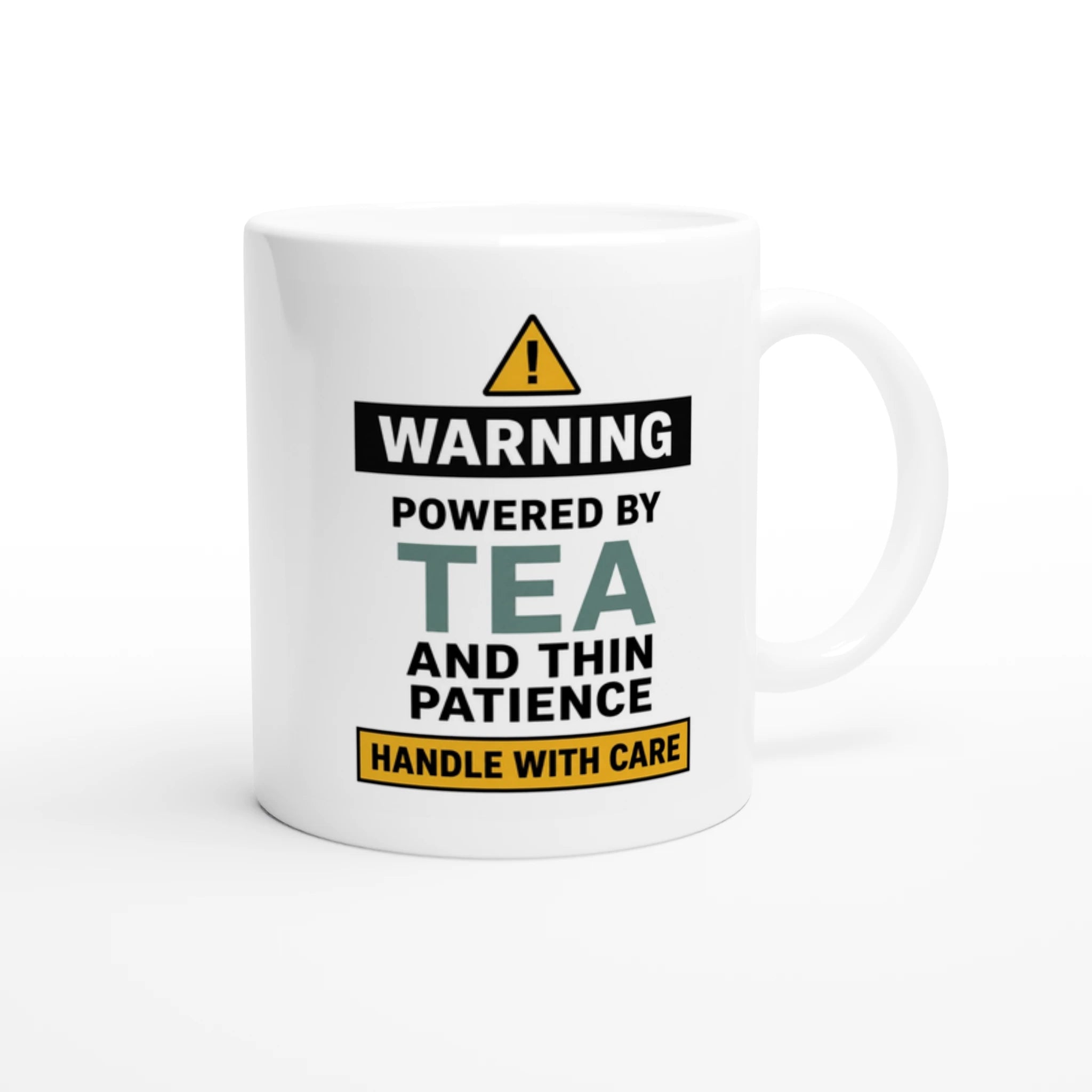 Powered By Tea mug shown as a sarcastic gift for tea lovers