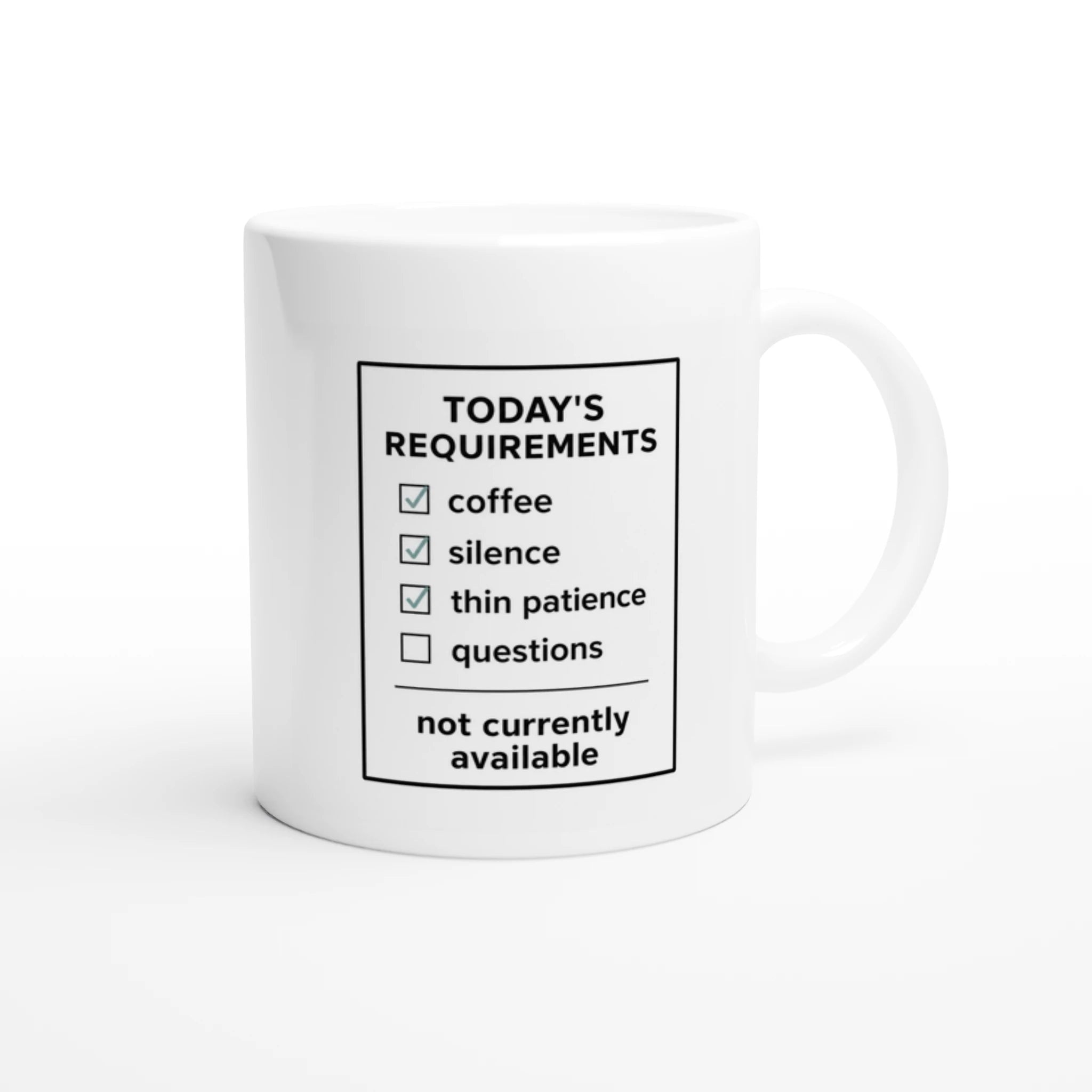 Today’s Requirements Coffee mug printed on both sides