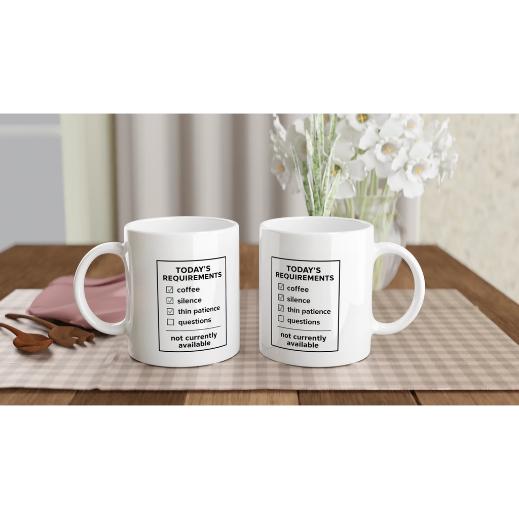 Today’s Requirements mug for women who need coffee before questions