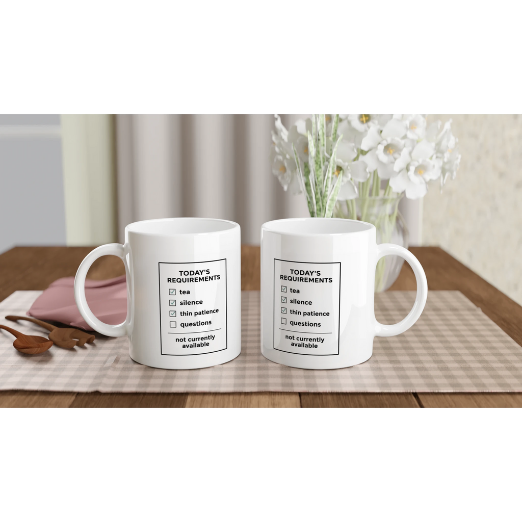 Today’s Requirements mug for women who need tea before questions