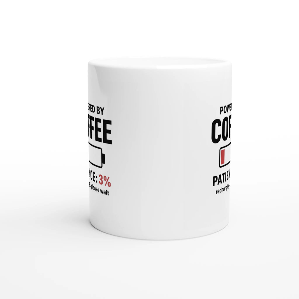 White ceramic funny coffee mug with low battery design