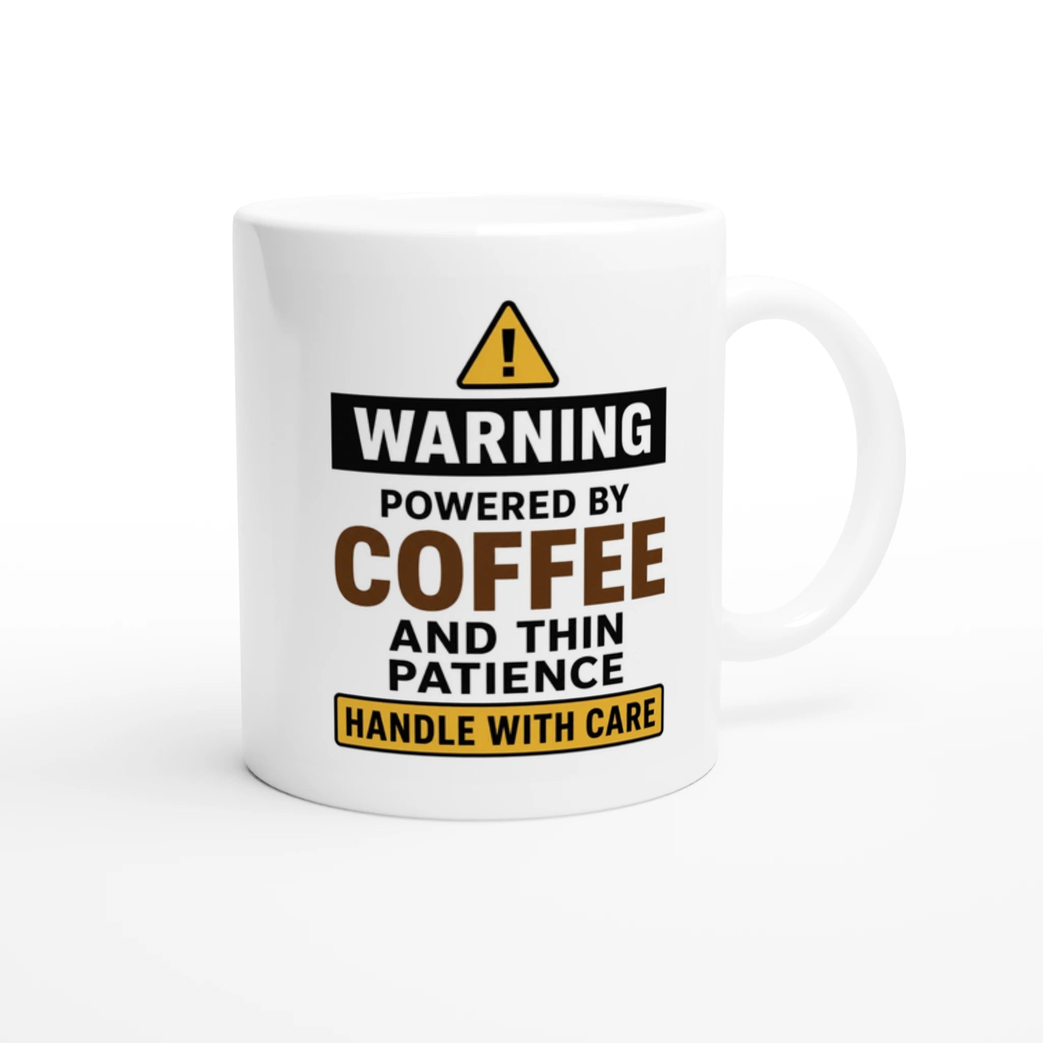 White ceramic funny coffee mug with bold warning slogan