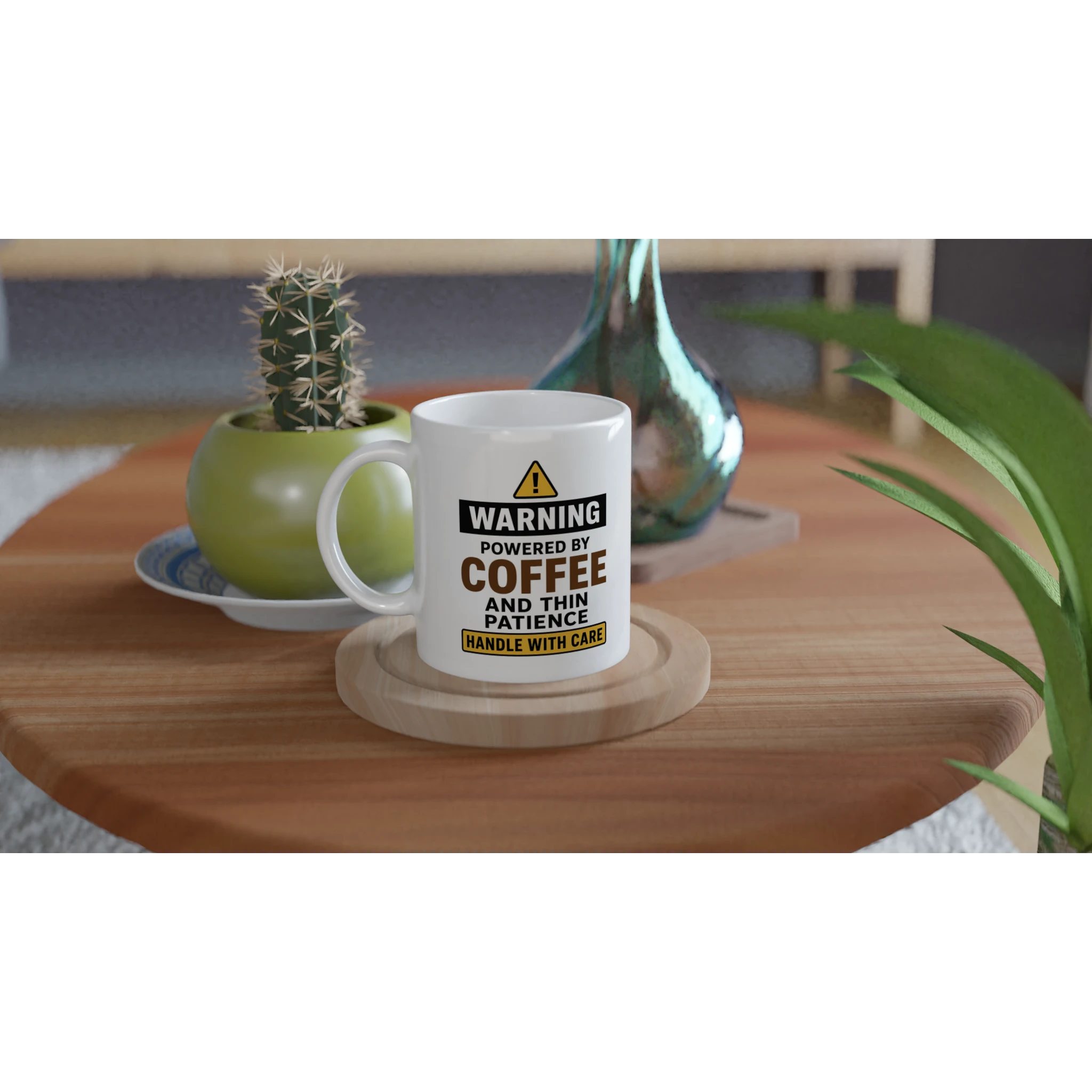 White ceramic funny coffee mug with bold warning slogan