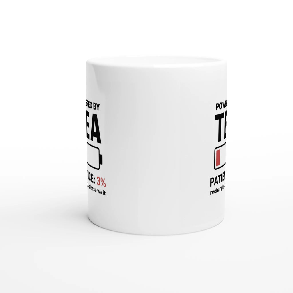 White ceramic funny tea mug with low battery design