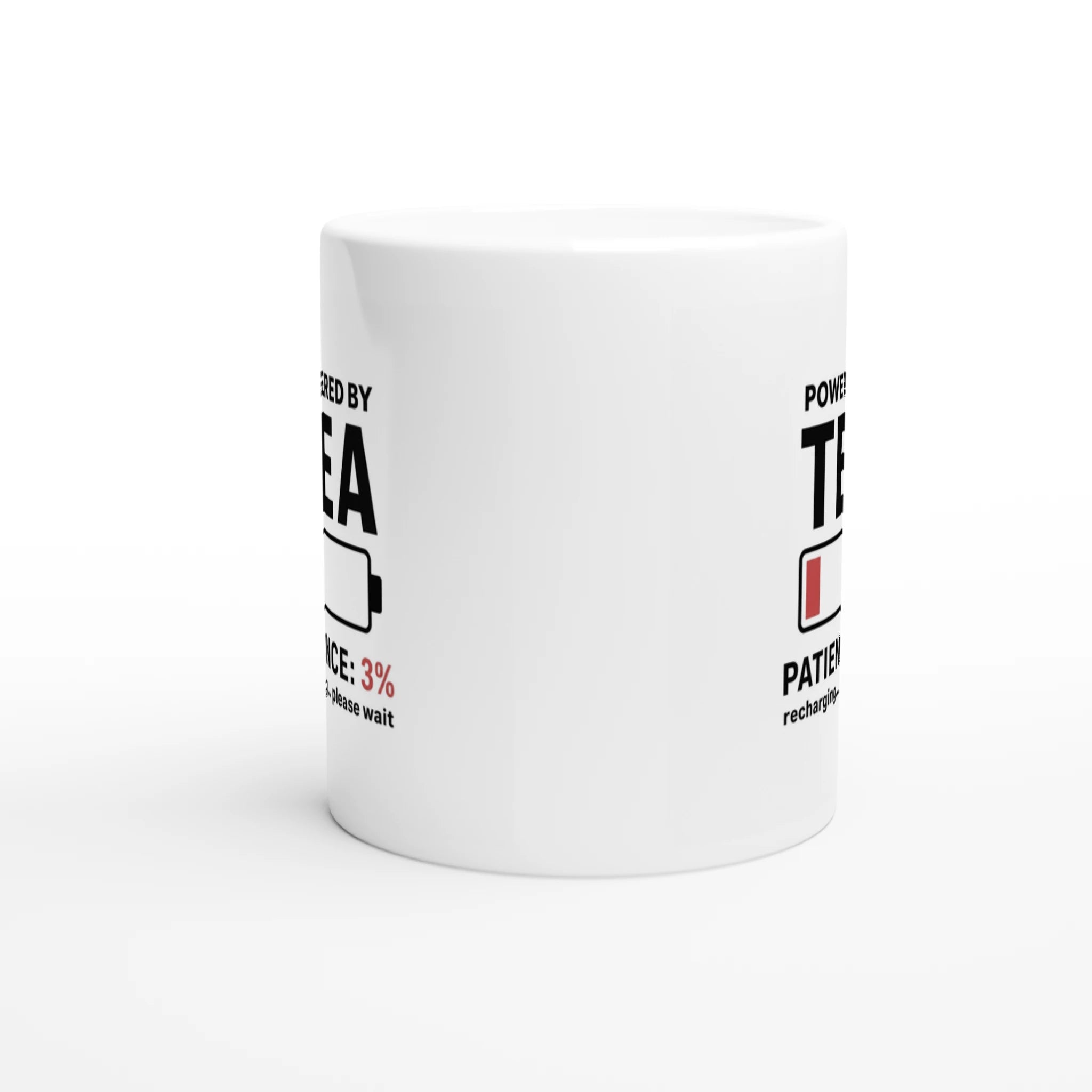 White ceramic funny tea mug with low battery design