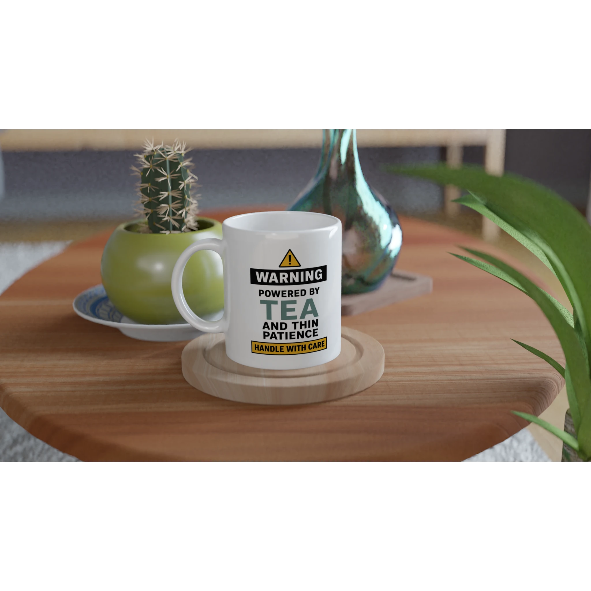 White ceramic funny tea mug with bold warning slogan